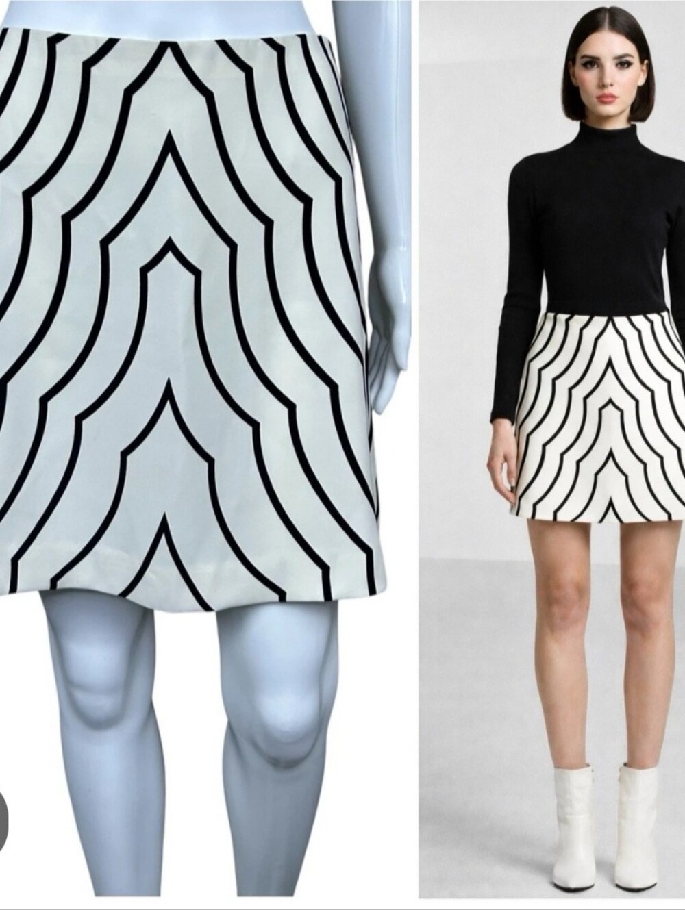 Marc by Marc Jacobs Black & Cream Radiowaves Graphic A-Line Mini Skirt Size 8
